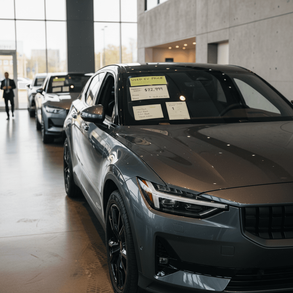 Used Polestar 3 electric SUV in a showroom with pricing stickers, highlighting its resale value in 2026