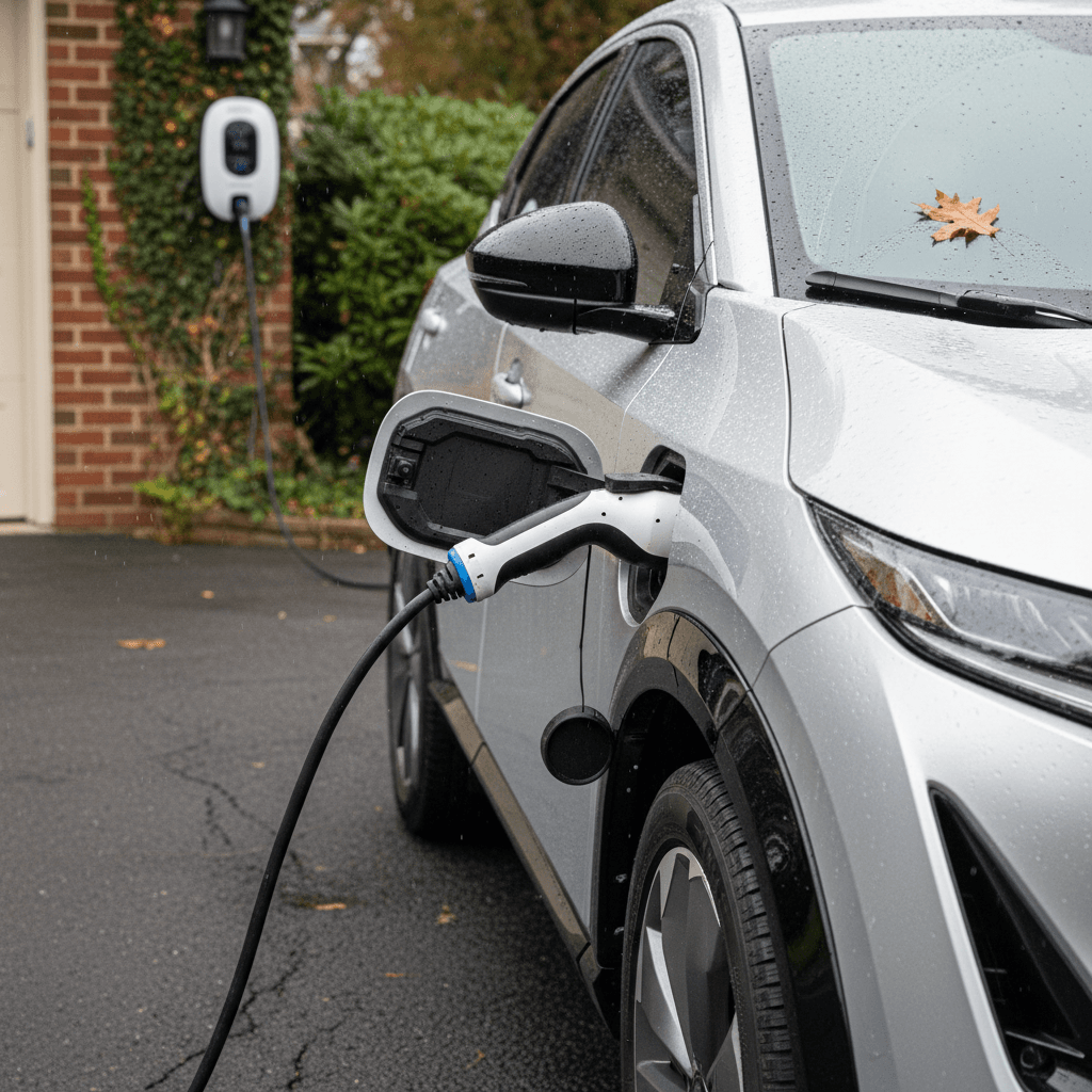 Nissan Ariya charging at a home Level 2 wallbox in a suburban driveway