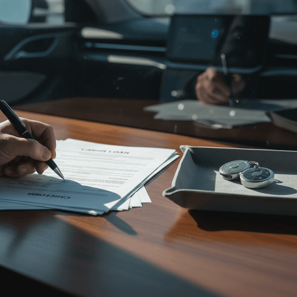 Customer reviewing used Lucid Air loan options and signing financing paperwork at a modern EV dealership