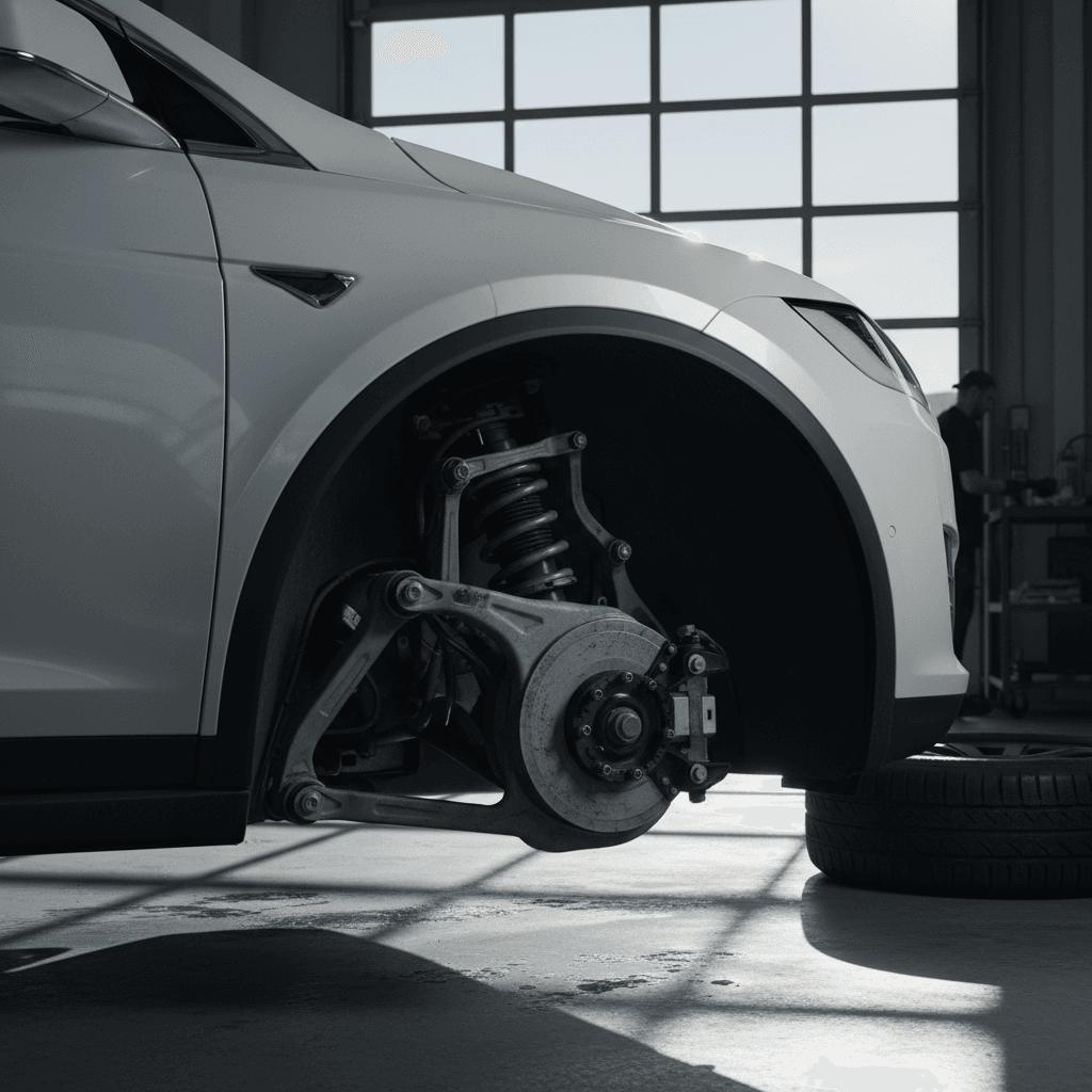 Tesla Model X in a service bay with a technician inspecting a falcon wing door and suspension components