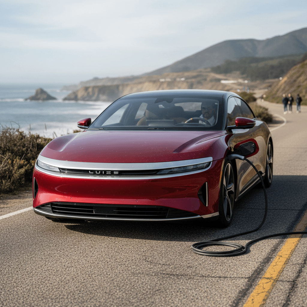 Lucid Air electric sedan parked outdoors, representing the highest range EV segment