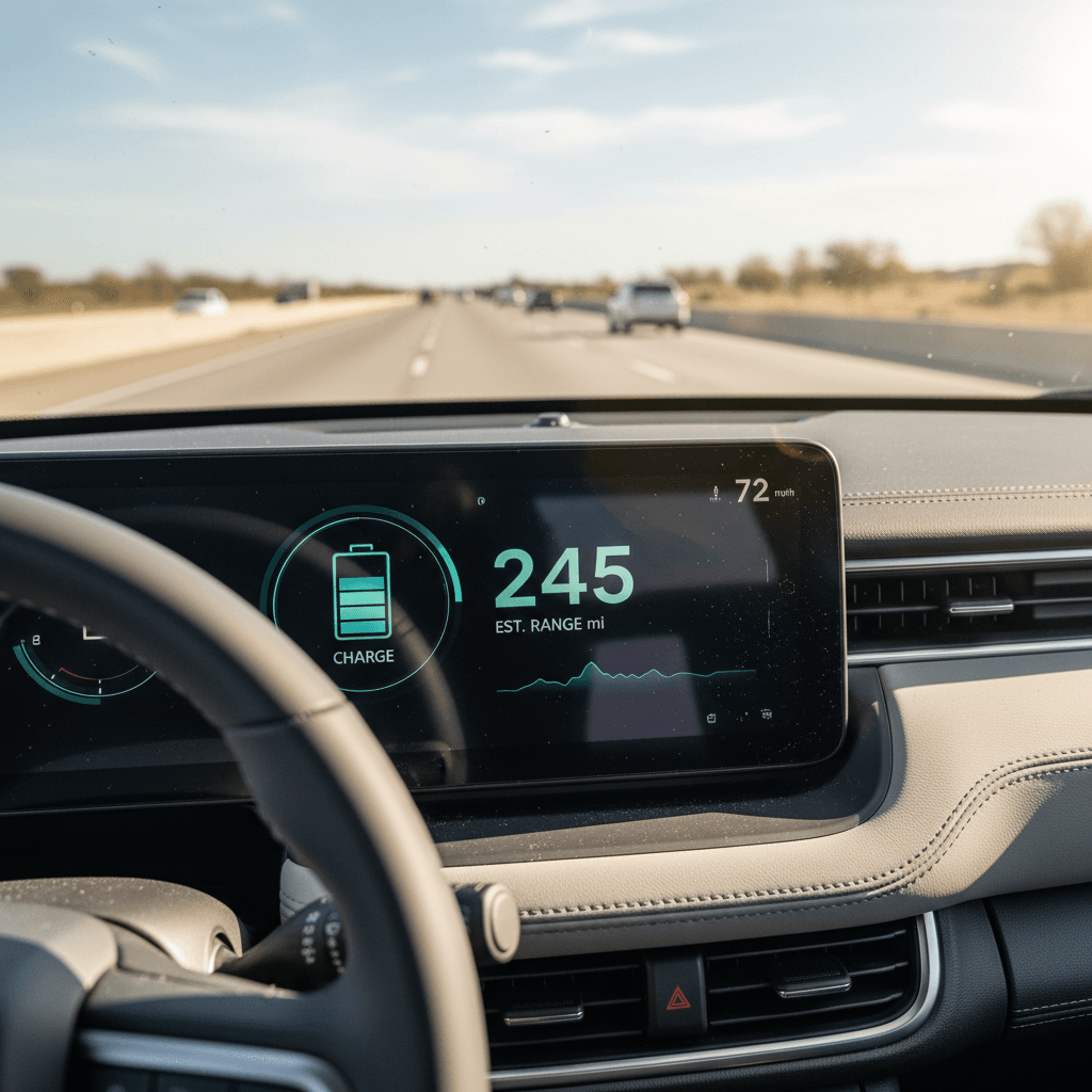 Rivian R1S driver display showing remaining range and battery percentage during highway driving