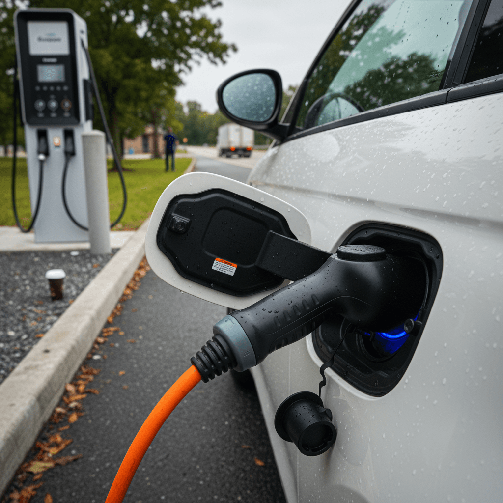 Fiat 500e plugged into a DC fast charger at a highway rest stop
