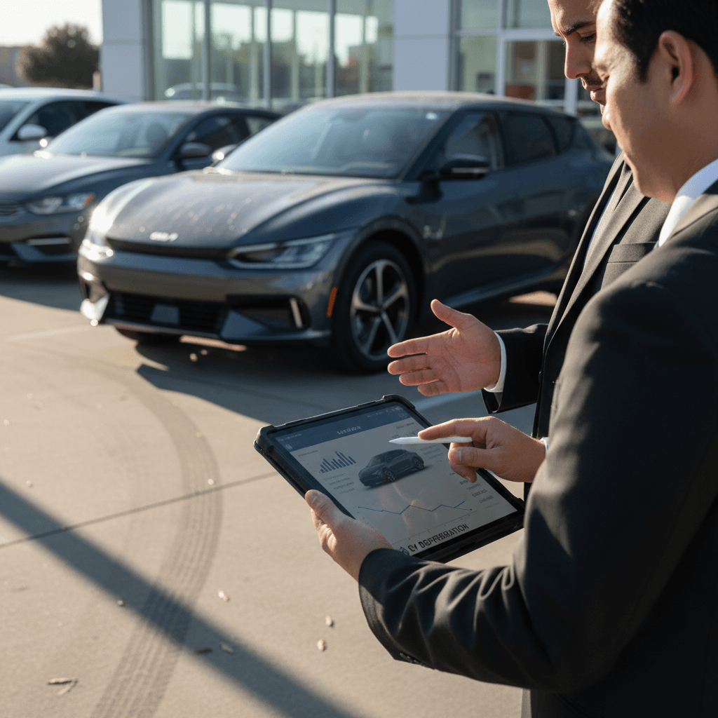 Sales consultant reviewing a Kia EV6 trim and option list with an owner who is considering trade-in value.