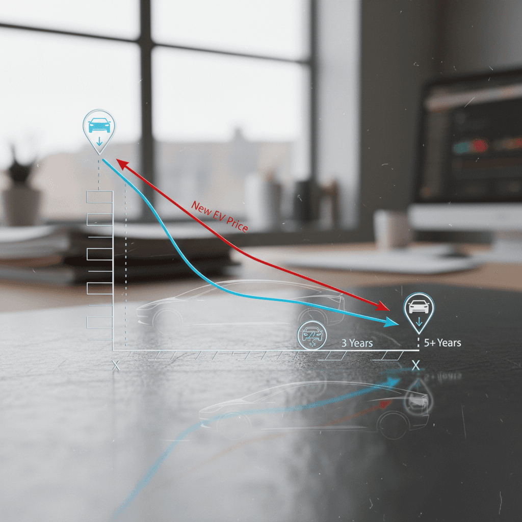 Illustrated depreciation curve showing Tesla Model 3 values stepping down over eight years of ownership