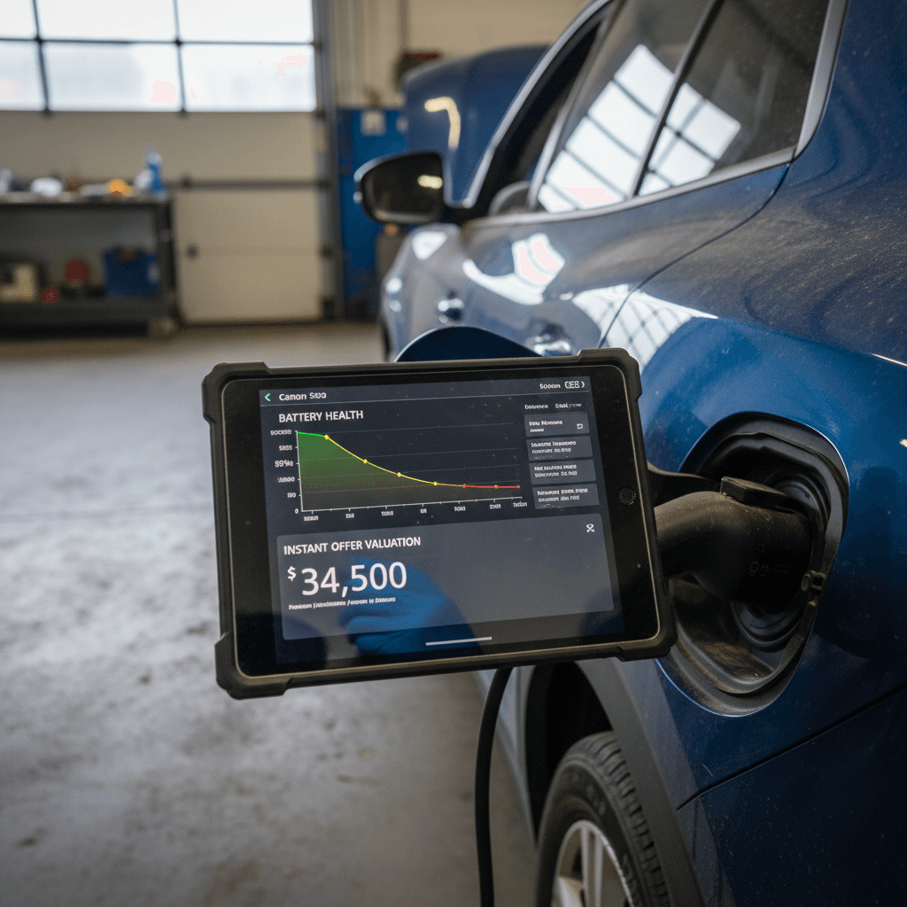 Technician reviewing a detailed battery health report on a tablet next to a used electric car