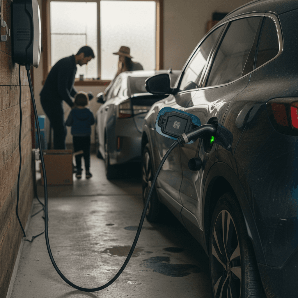 Family charging a used electric sedan at a home charging station in a driveway