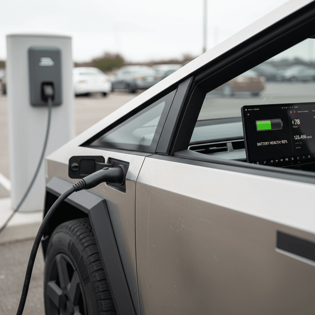 2026 Tesla Cybertruck plugged in at a charger with interior screen showing battery state of charge and mileage