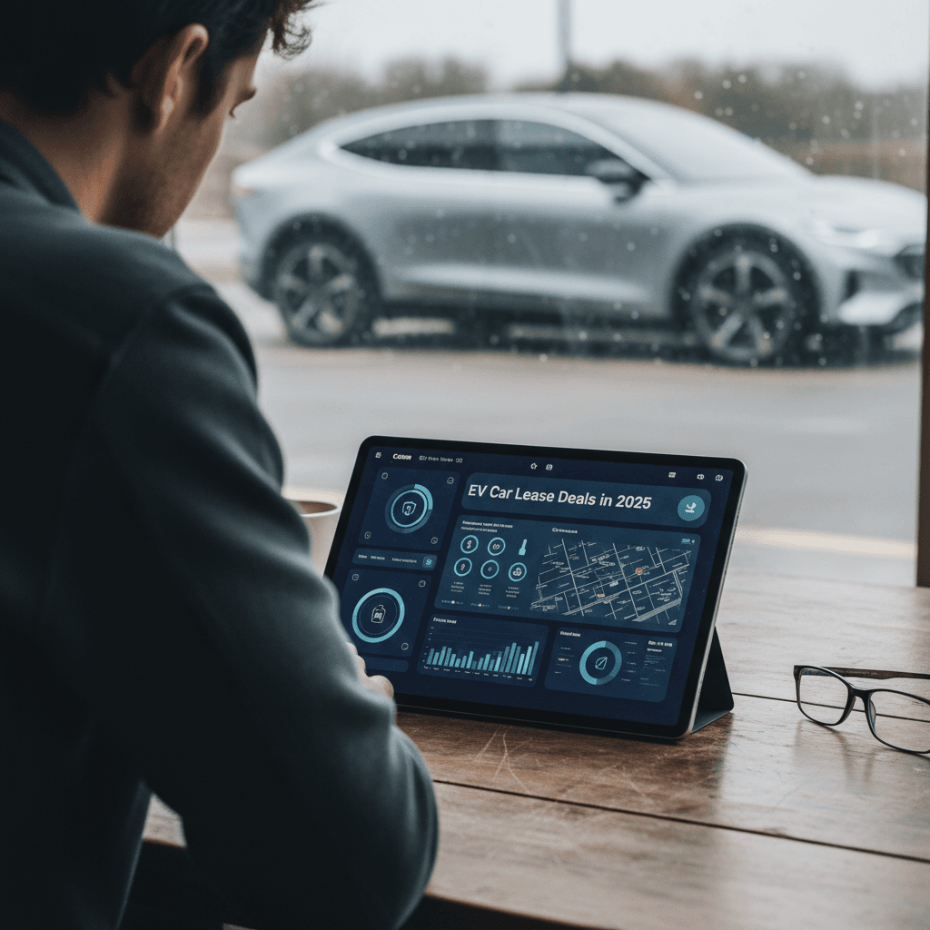 Customer reviewing an electric car lease contract at a dealership desk