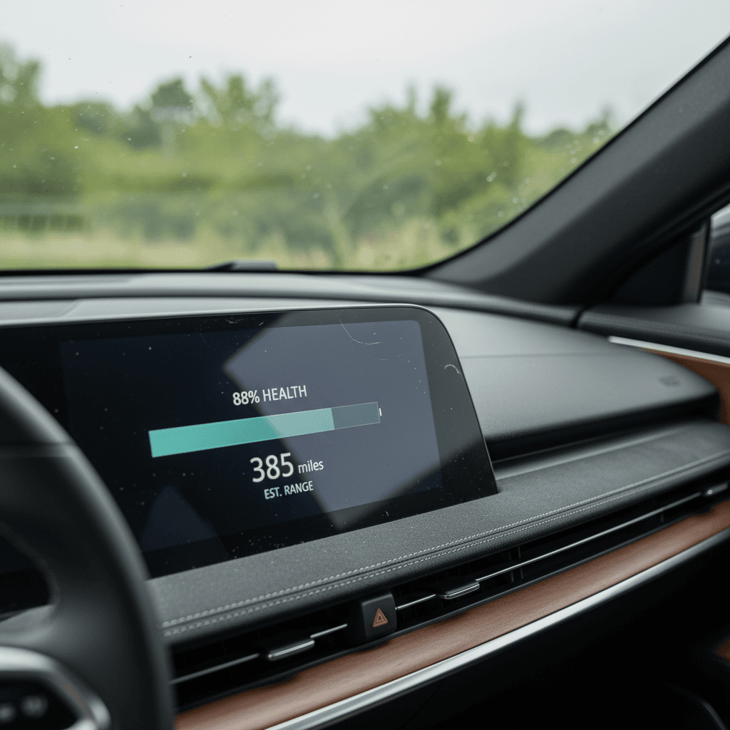 Digital cockpit view in a 2022 Lucid Air showing range and battery diagnostics on the center screen