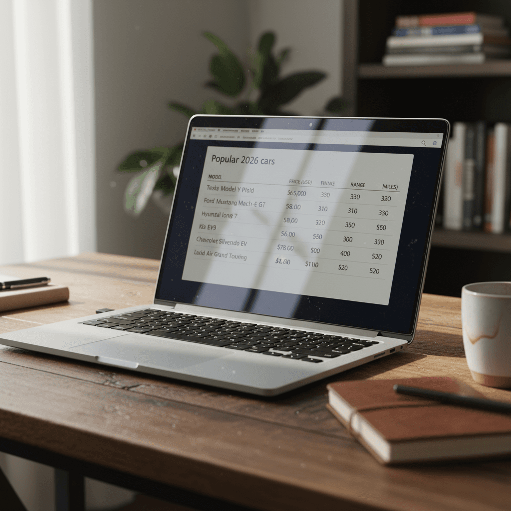 Laptop on a table showing a comparison chart of 2026 electric cars by price and range