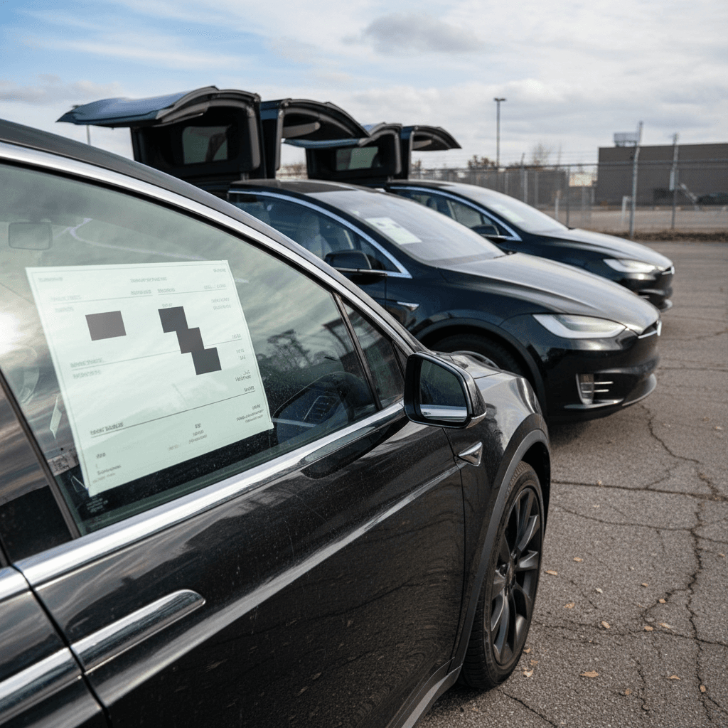 Line of used Tesla Model X SUVs parked at a dealership with price stickers in the windows