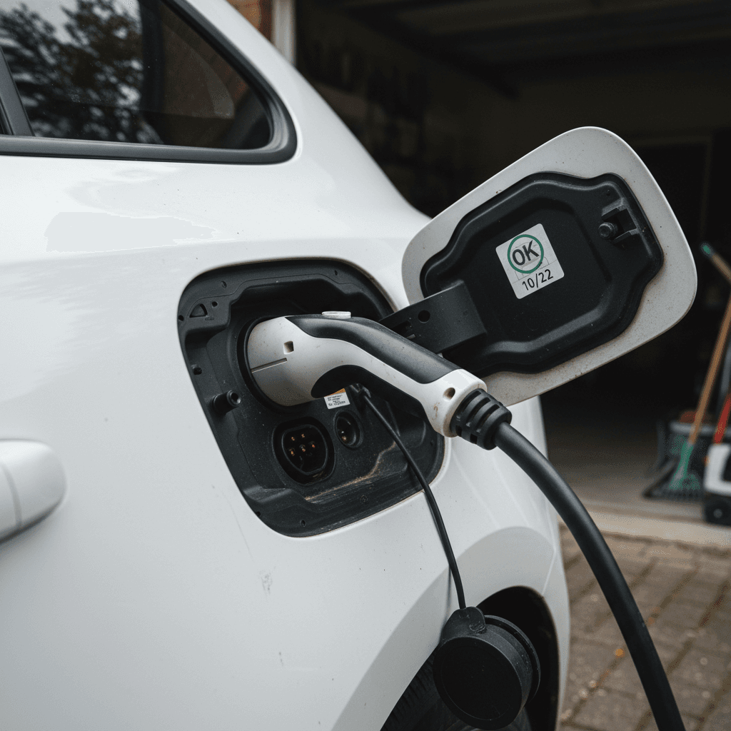 Family plugging a used plug-in hybrid SUV into a home charger in a driveway