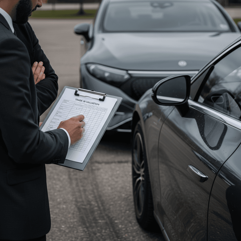 Salesperson reviewing a detailed trade-in appraisal for a Mercedes EQE with the owner, highlighting battery health and market value
