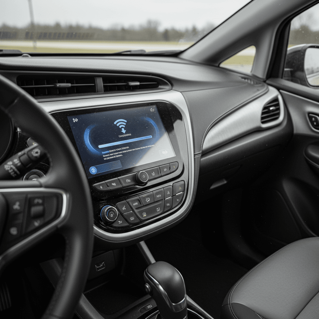 Chevy Bolt EV infotainment screen showing a system software update message on the center display