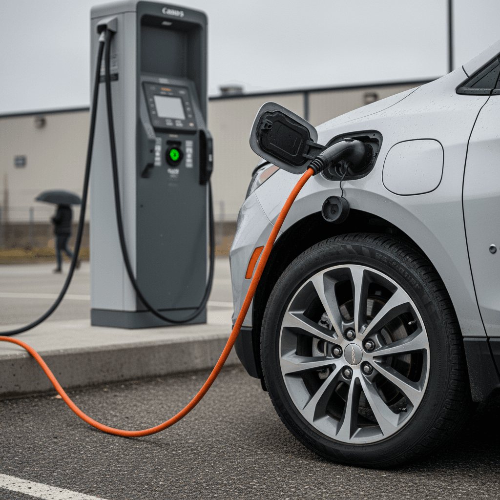 Chevrolet Equinox EV plugged into a public fast charger, showing the charging port and front wheel
