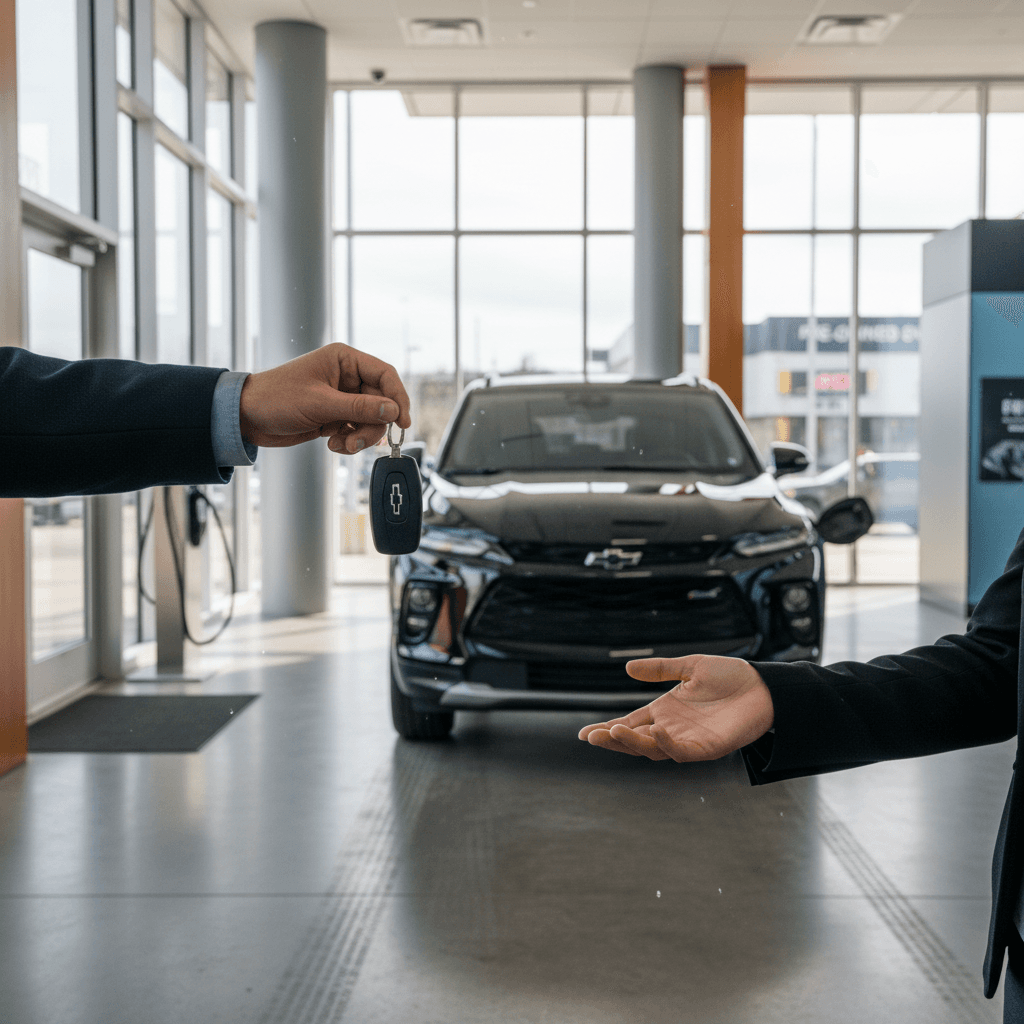 Seller handing keys to a Chevrolet Blazer EV to a buyer at a modern EV-focused delivery center