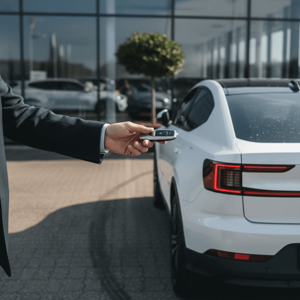 Seller handing keys of a white Polestar 3 electric SUV to a buyer at a dealership lot