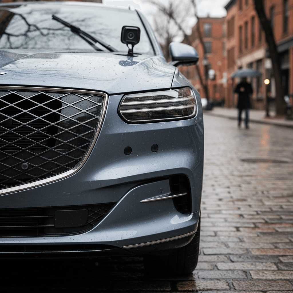 Genesis Electrified GV70 driving through an urban environment, highlighting its safety-focused sensors and cameras