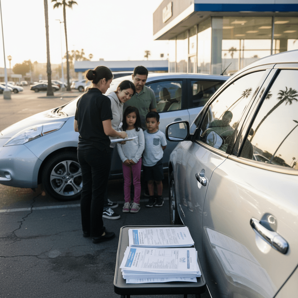Customer finalizing paperwork for a used electric car with a dealer who is explaining how California EV rebates and grants work.