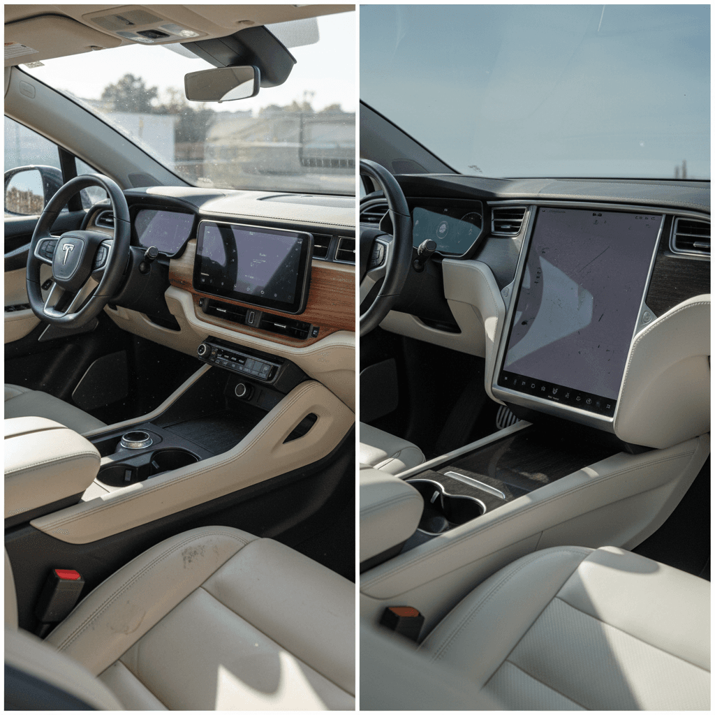 Side‑by‑side interior views showing the seven‑seat layouts of a Rivian R1S and Tesla Model X, focusing on passenger space and cargo versatility.