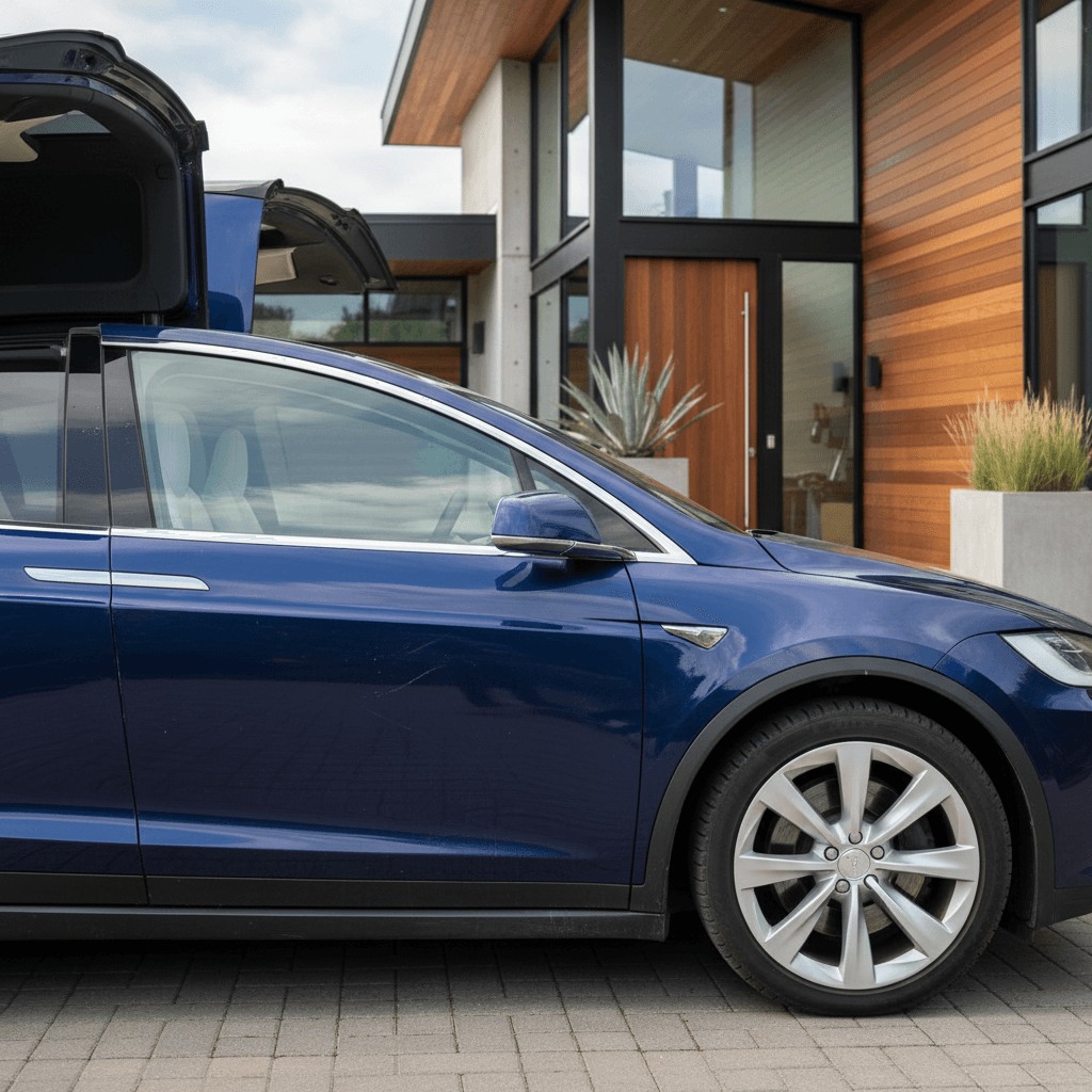 Used 2020 Tesla Model X with Falcon Wing doors parked in front of a modern home