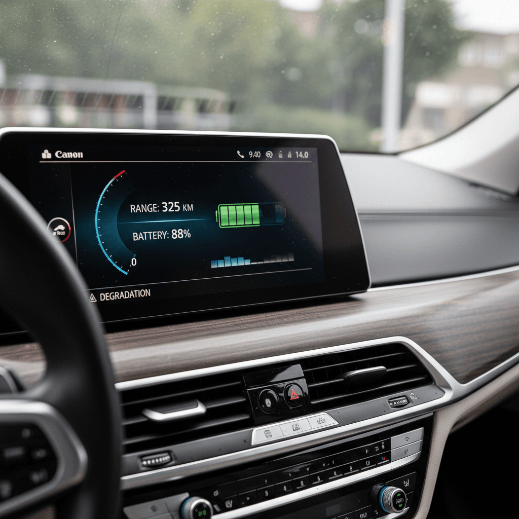 BMW i7 digital instrument cluster showing electric range estimate and battery charge status