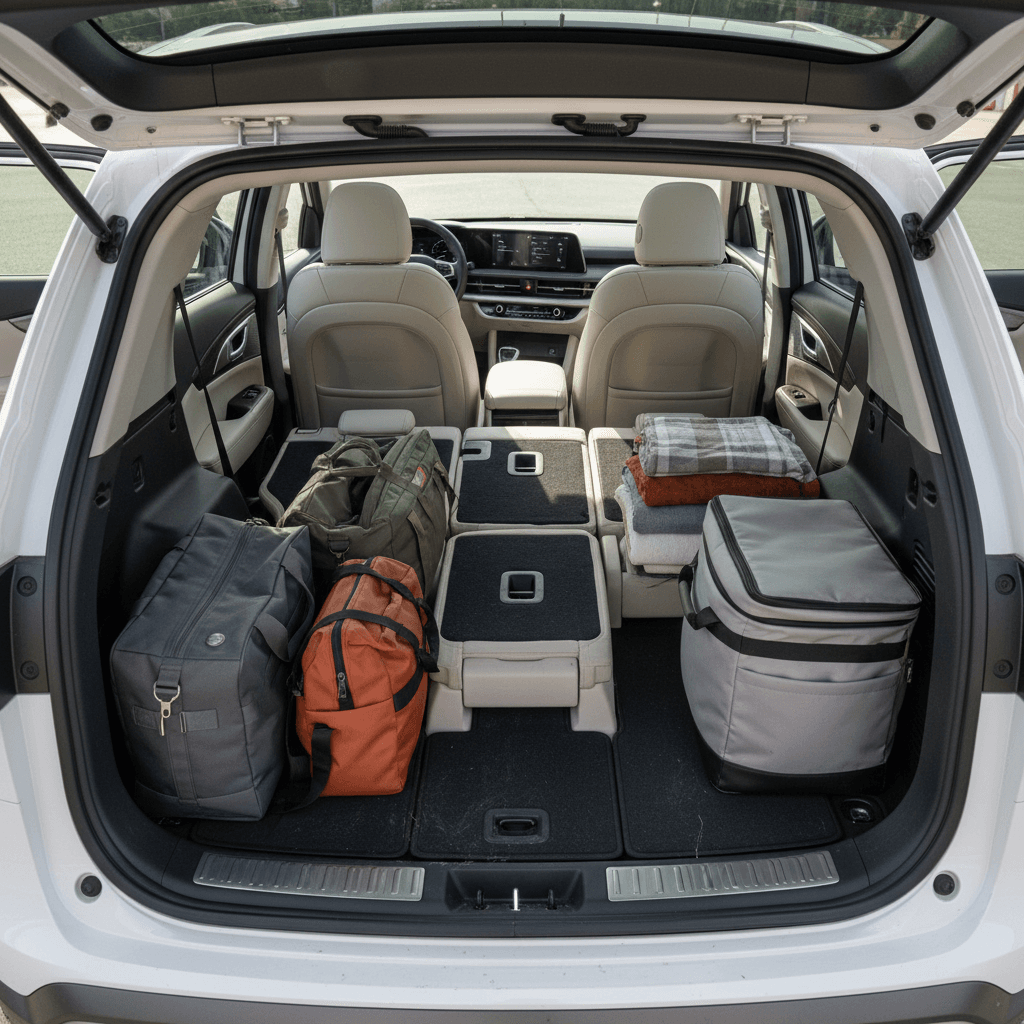 Overhead view of Nissan Ariya cargo area with rear seats in split-folded position and luggage arranged