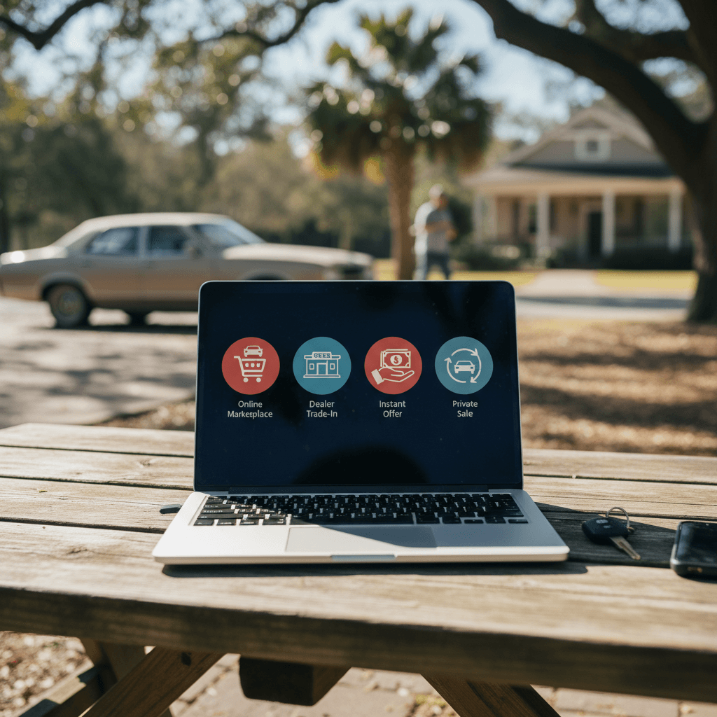 Icons representing private sale, dealer trade-in, and online instant offer options for selling a used car in South Carolina