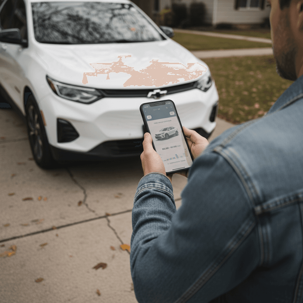 Owner checking online used value of a Chevrolet Equinox EV parked in a suburban driveway