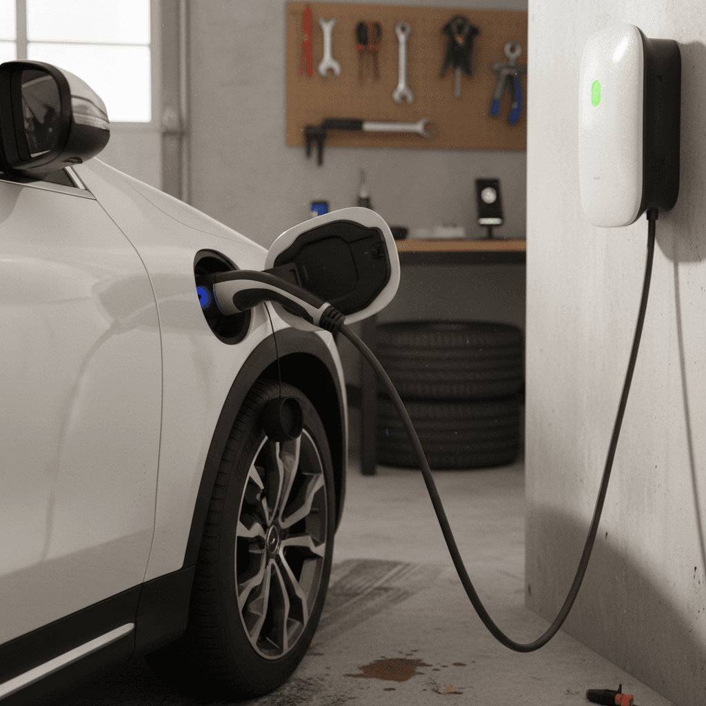 Mercedes EQB plugged into a wall-mounted Level 2 home charger inside a residential garage