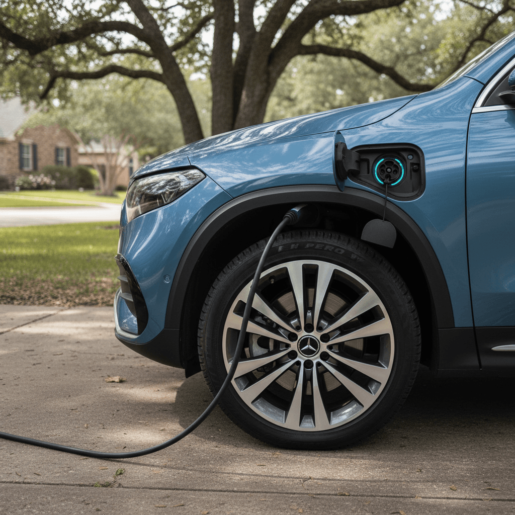 2024 Mercedes EQB plugged into a home charger in a suburban driveway
