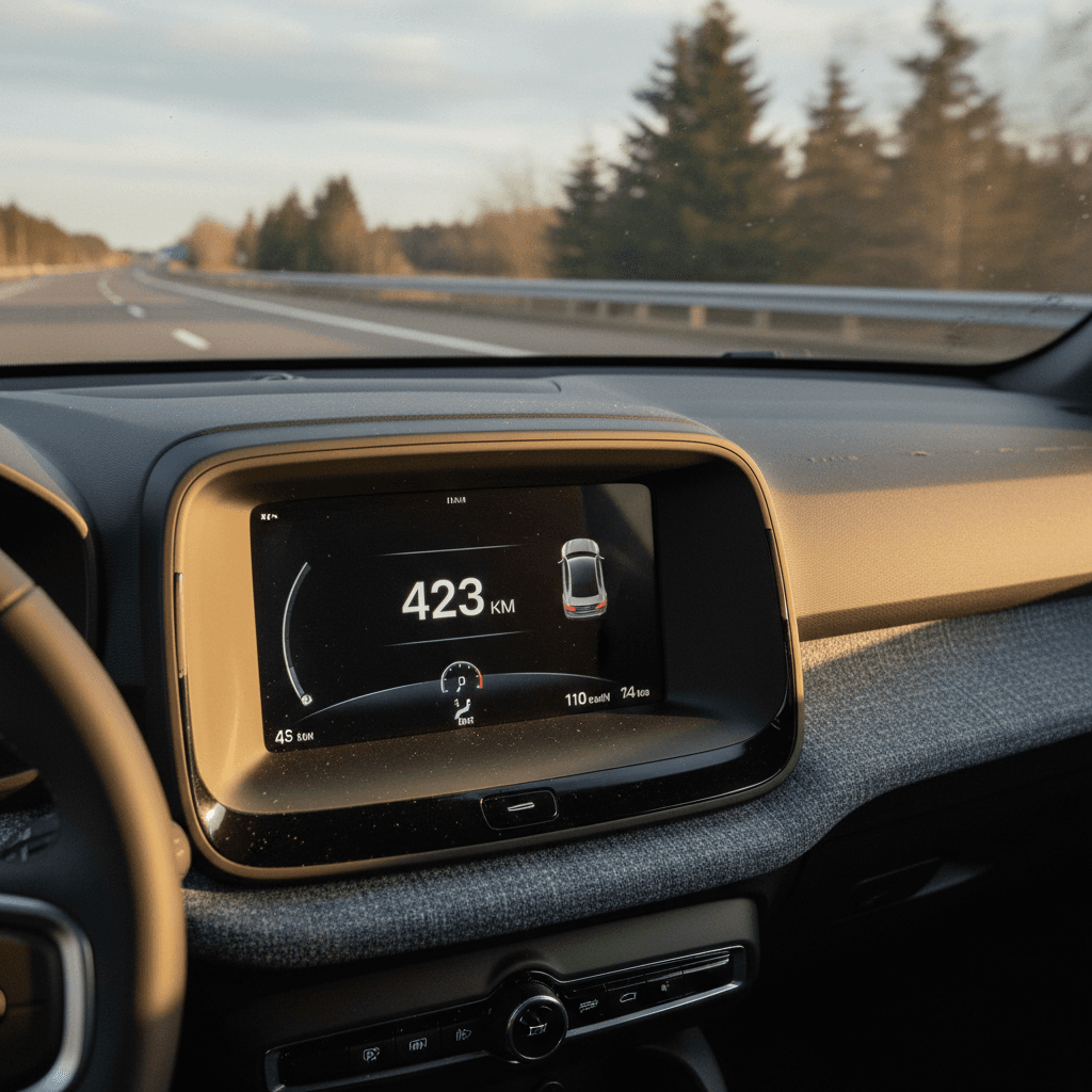 Digital driver display in a Volvo EX30 showing remaining range and energy consumption during steady highway cruising