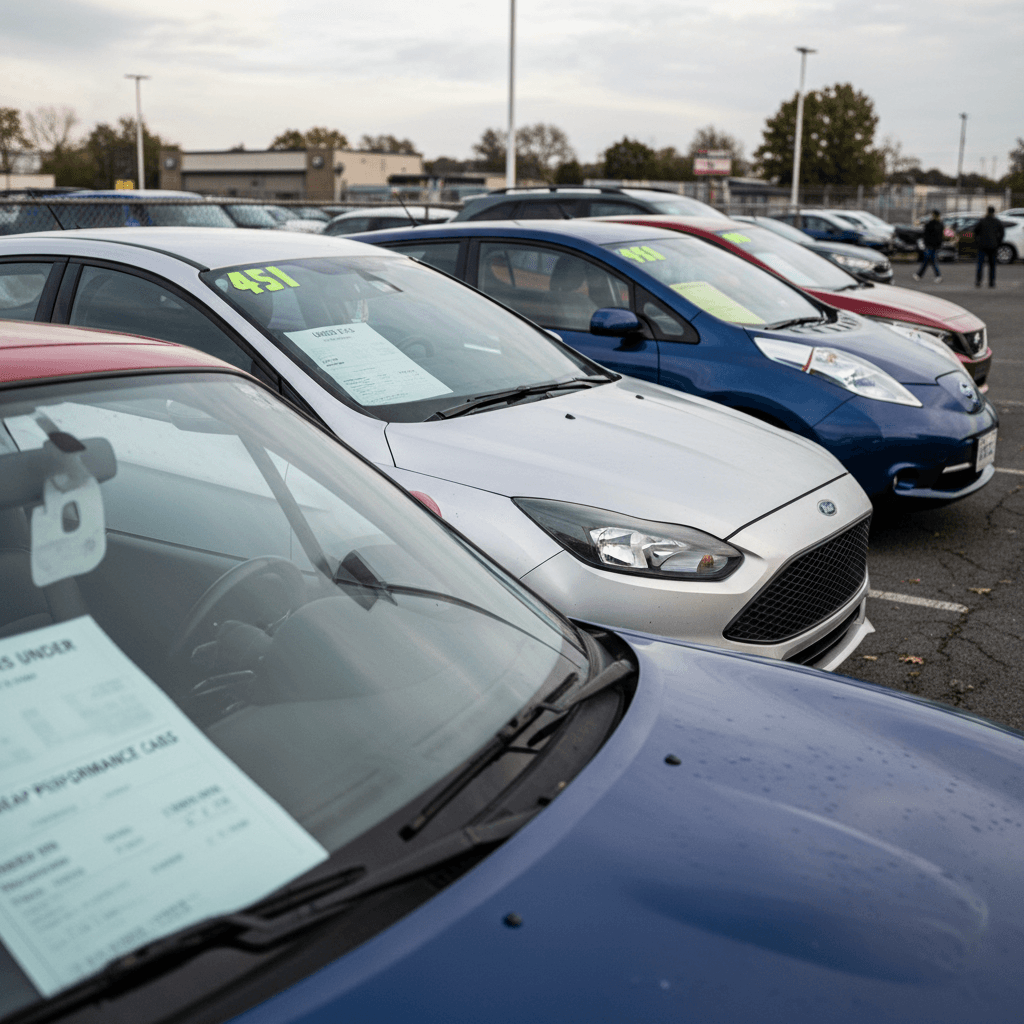 Line of used sports cars and compact performance hatchbacks parked on a lot with spec sheets in the windows