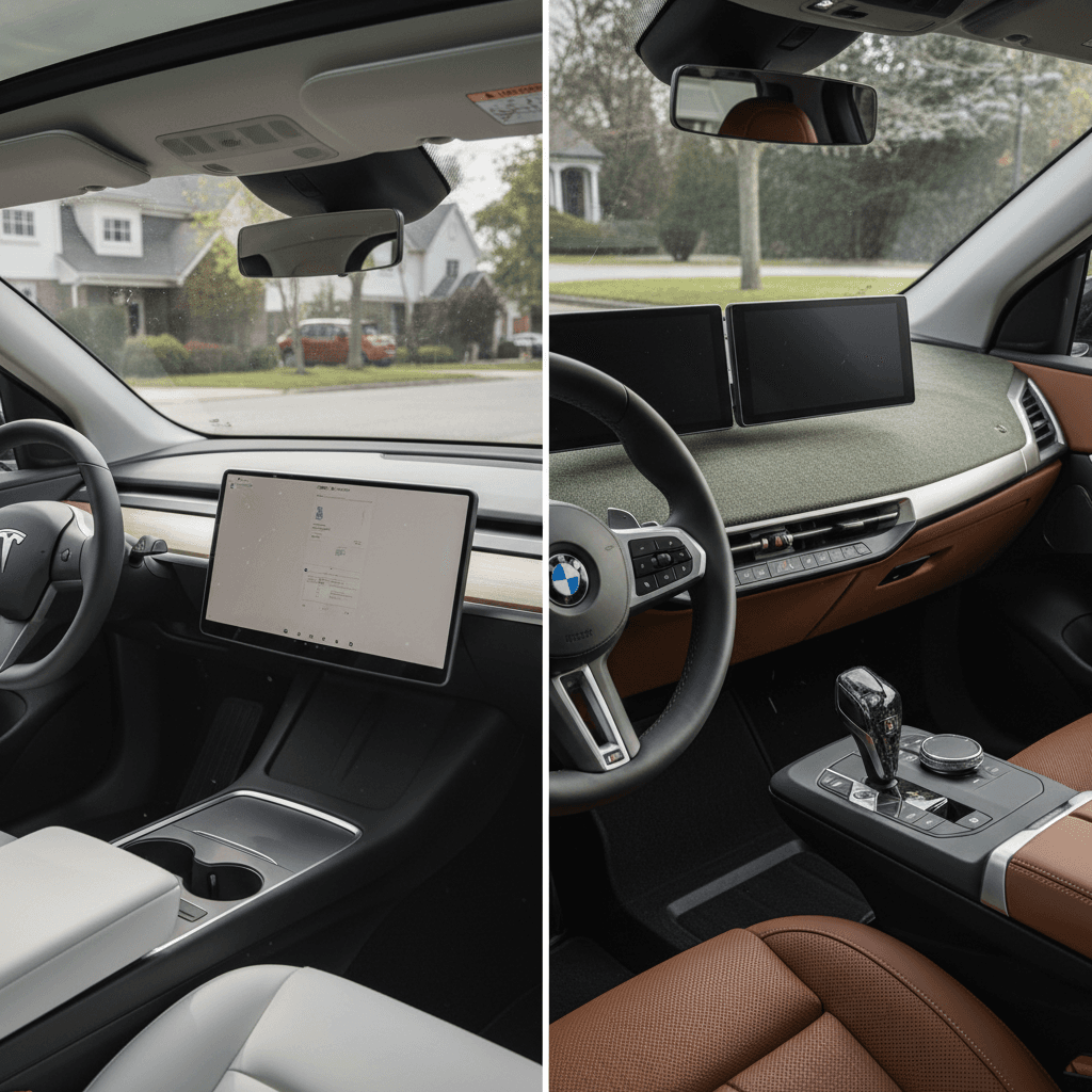 Side-by-side view of Tesla Model Y interior and BMW iX interior showing minimalist vs luxury design