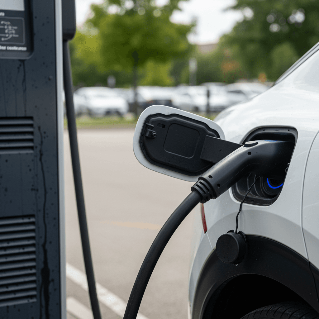 2024 Kia EV6 plugged into a DC fast charger, highlighting the rear charge port and cable