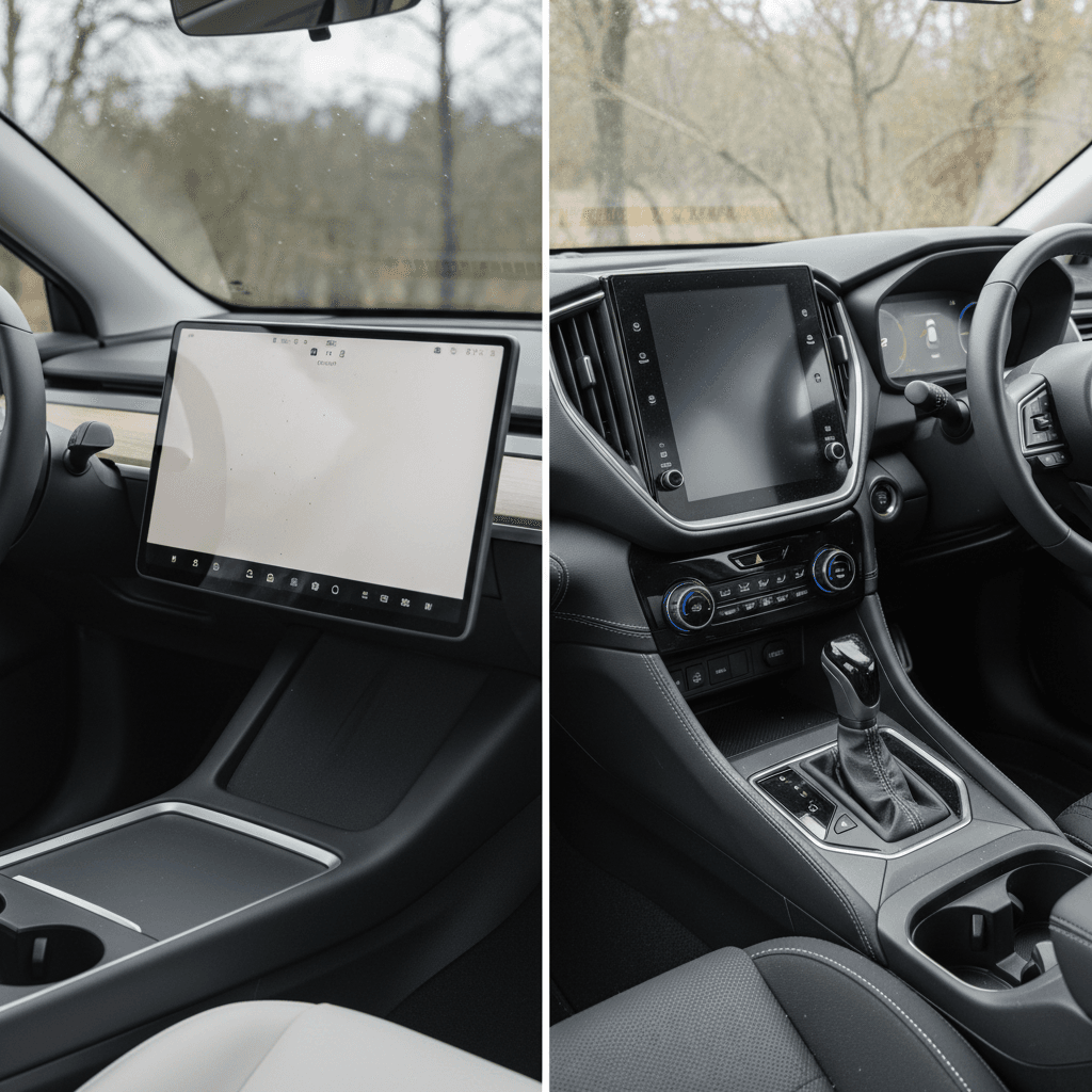 Side-by-side comparison of Tesla Model Y minimalist interior and Subaru Solterra more traditional cabin layout