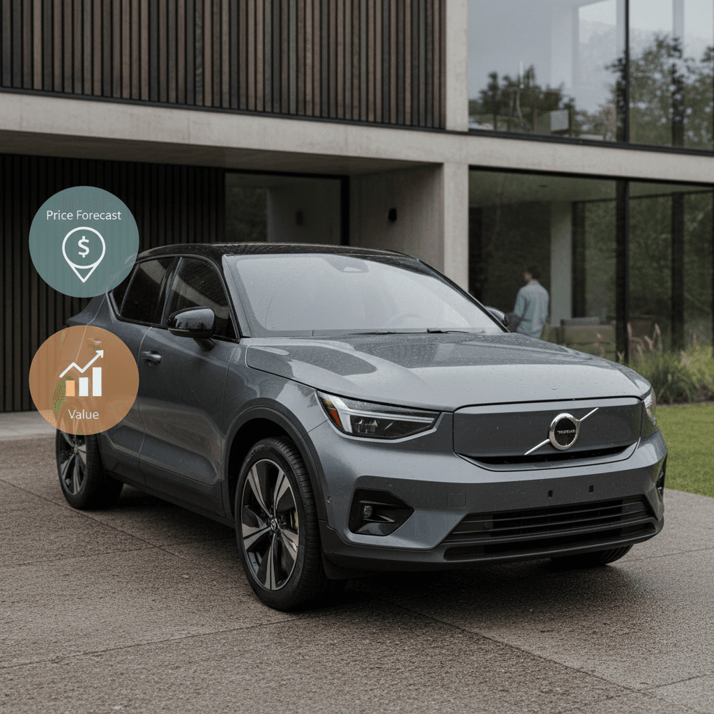 Used Volvo EX30 parked in a modern driveway with value icons suggesting pricing trends