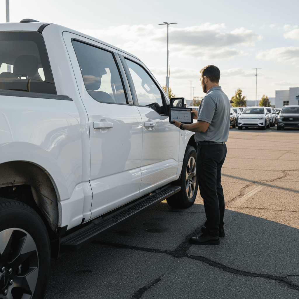 Salesperson using a tablet to review a used Ford F-150 Lightning’s battery health report before trade-in