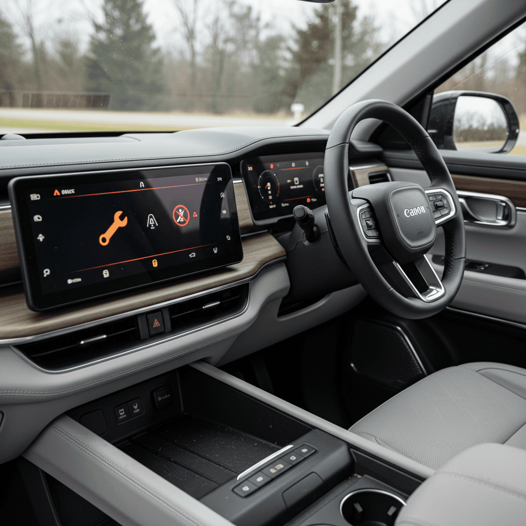 Interior of a Rivian R1S showing driver display with multiple safety warning lights illuminated, including seat belt and airbag indicators