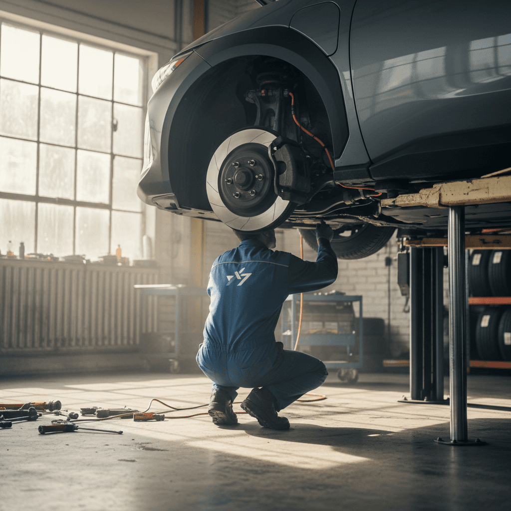Technician inspecting a Toyota bZ4X on a service lift, focusing on tires and suspension components
