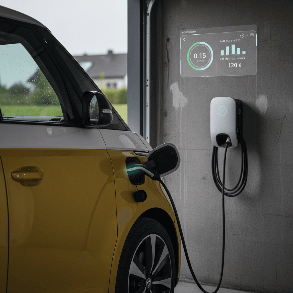Volkswagen ID. Buzz charging at a residential Level 2 charger, with cost-per-mile estimates shown on a smartphone app
