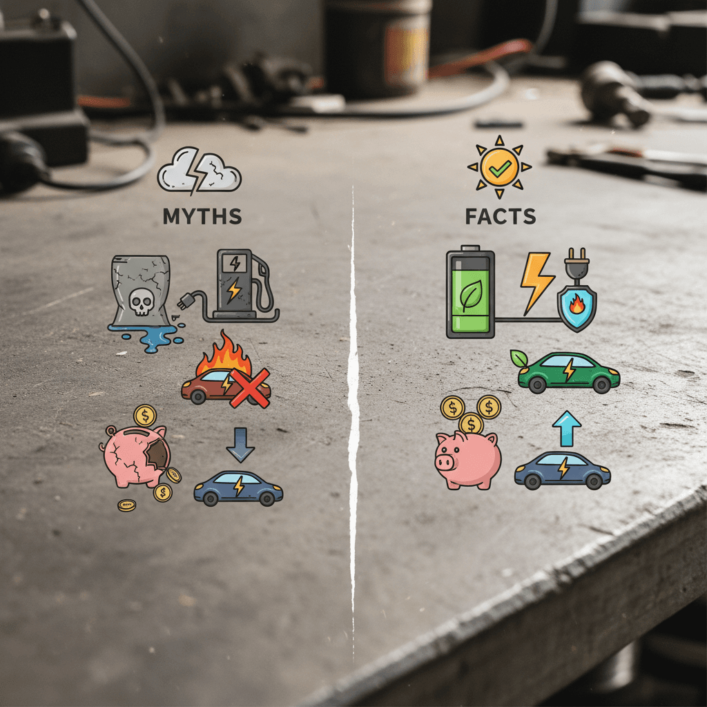 Illustration contrasting common EV myths with data-driven facts about charging, batteries, fire risk, costs and resale value