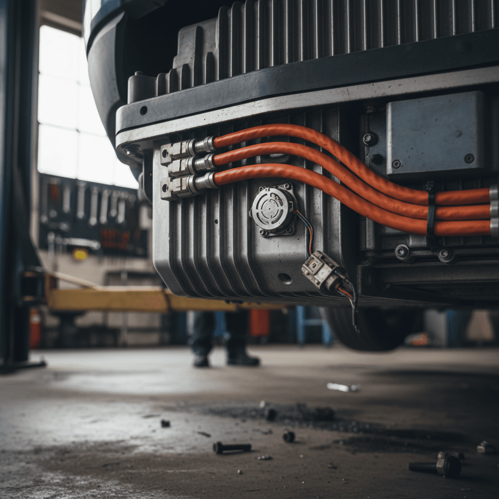 Firefighter working to extinguish a burning electric vehicle at night