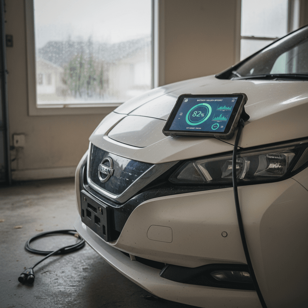 EV technician reviewing a detailed battery health report on a tablet next to a compact electric hatchback