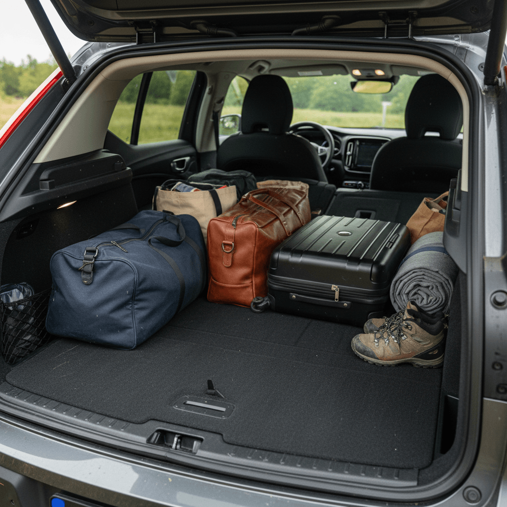 Rear cargo area of a Volvo XC40 Recharge with the rear seats folded flat, showing the boxy, usable load space filled with travel bags.