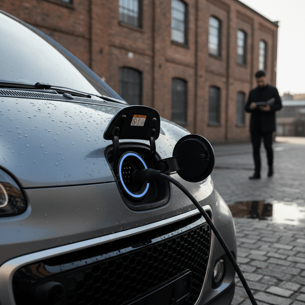 Compact electric city car plugged into a curbside charger in a modern city