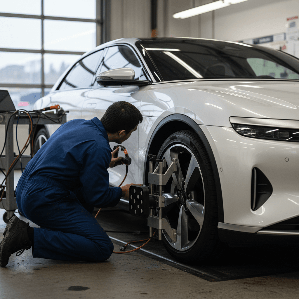 Lucid Air sedan on a lift in a service bay while a technician inspects the front suspension and wheels
