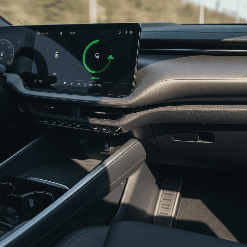 Close-up of an EV accelerator pedal with the dash showing active regenerative braking and one-pedal driving mode