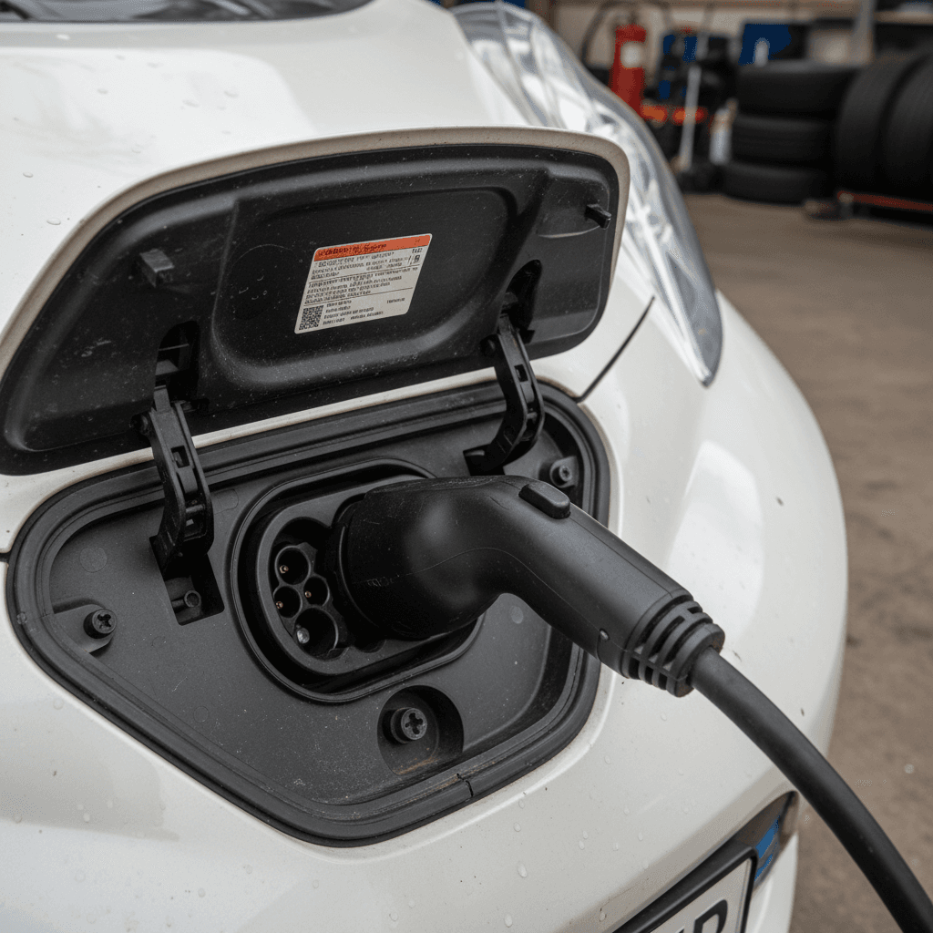 Technician inspecting a used electric car’s charging port and connector before purchase